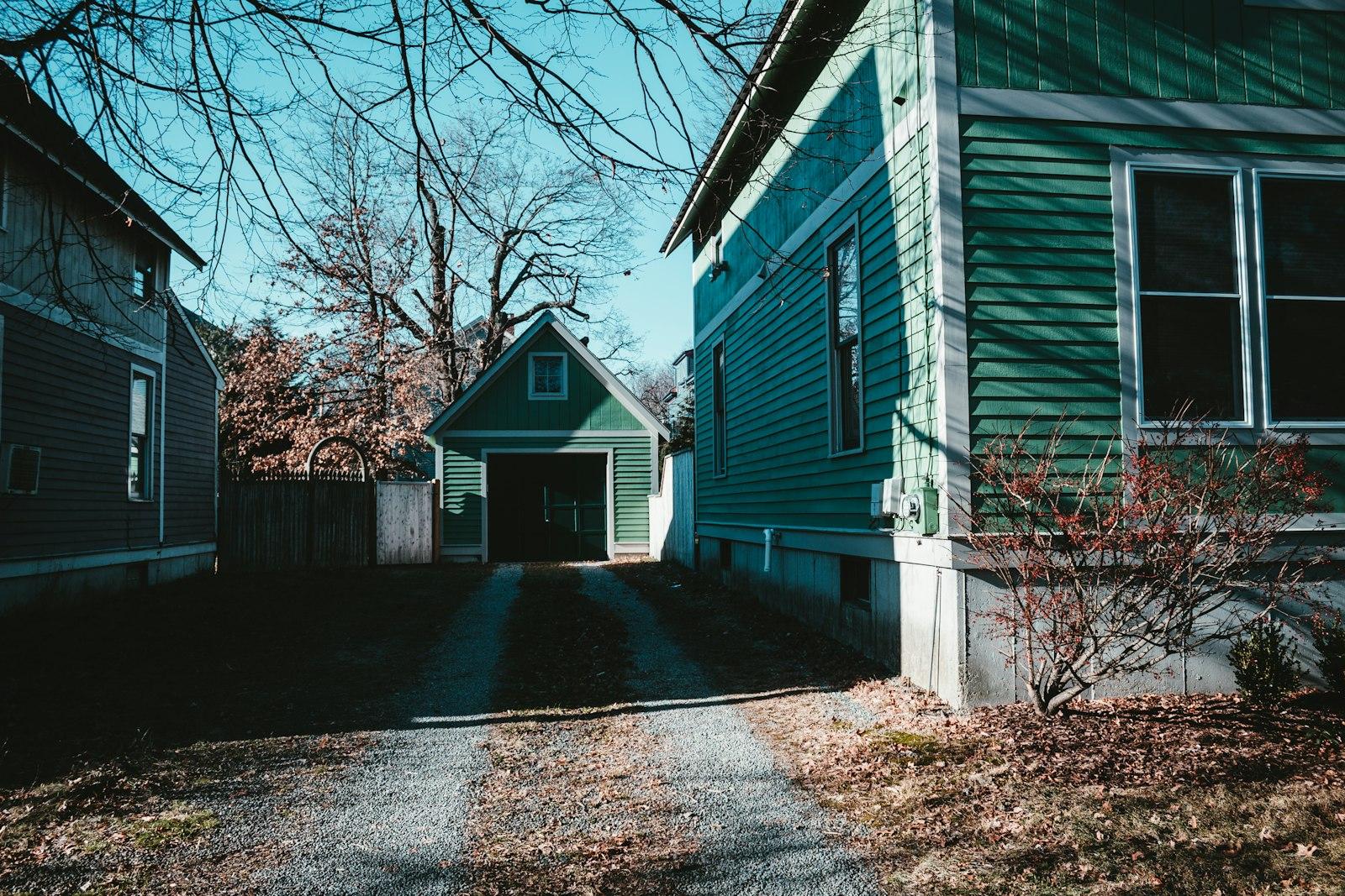 Green and white wooden house near bare trees during daytime